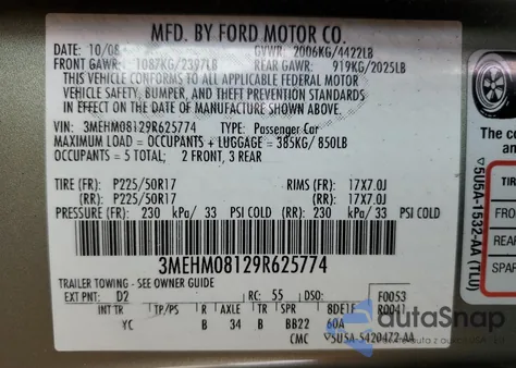 2009 Mercury Milan Premier z USA, uszkodzony, nr VIN 3MEHM08129R625774